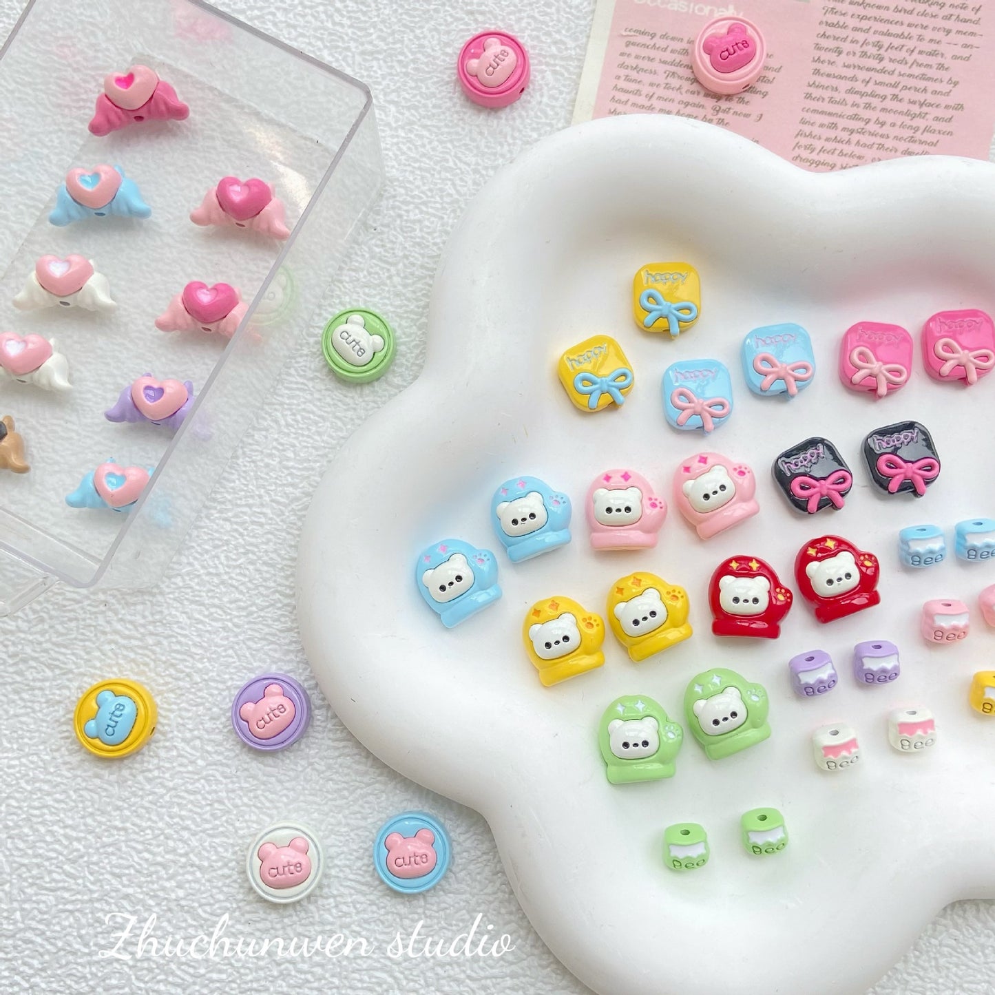 10Pcs Color Splicing Bow Alloy Letter Love Wings Kitten Gloves DIY Beaded Bracelet Mobile Phone Chain Material