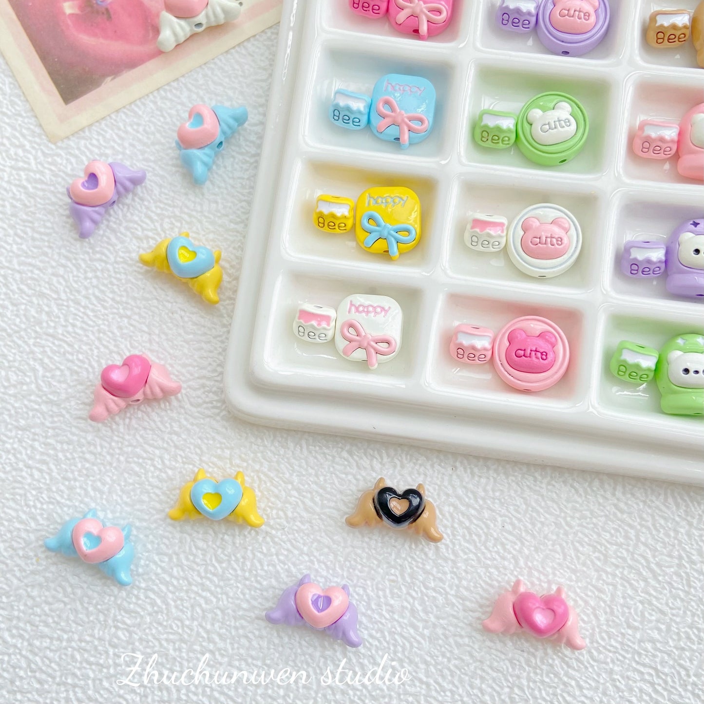 10Pcs Color Splicing Bow Alloy Letter Love Wings Kitten Gloves DIY Beaded Bracelet Mobile Phone Chain Material