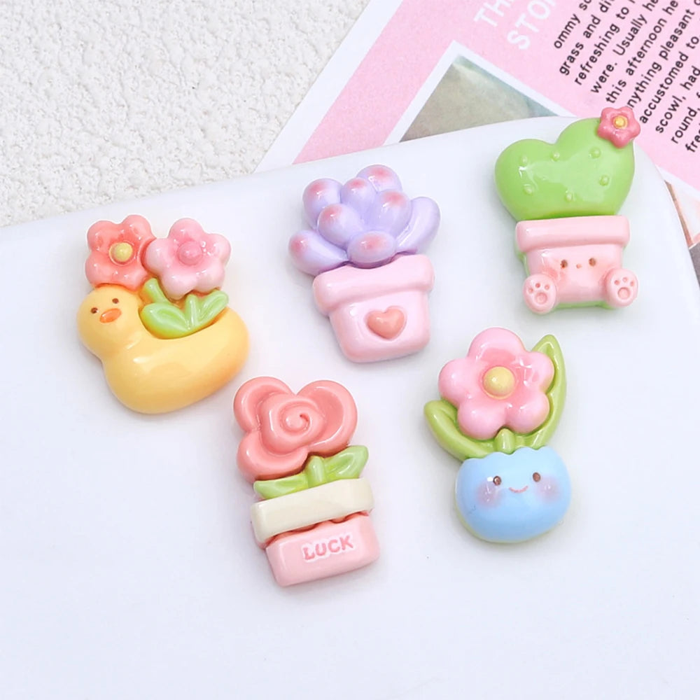 10PCS Shiny Animal Potted Plants Resin Flatback Cabochons For Hairpin Scrapbooking DIY Jewelry Craft Decoration Accessories