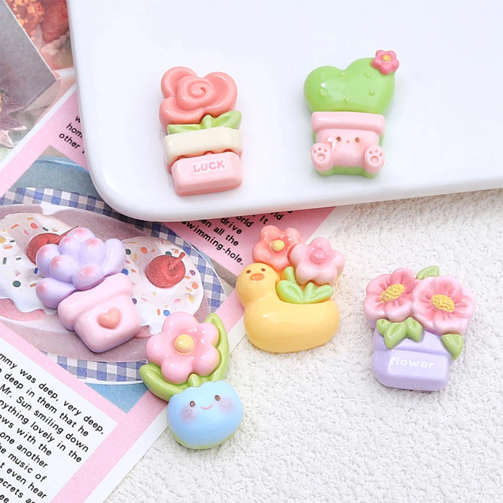 10PCS Shiny Animal Potted Plants Resin Flatback Cabochons For Hairpin Scrapbooking DIY Jewelry Craft Decoration Accessories