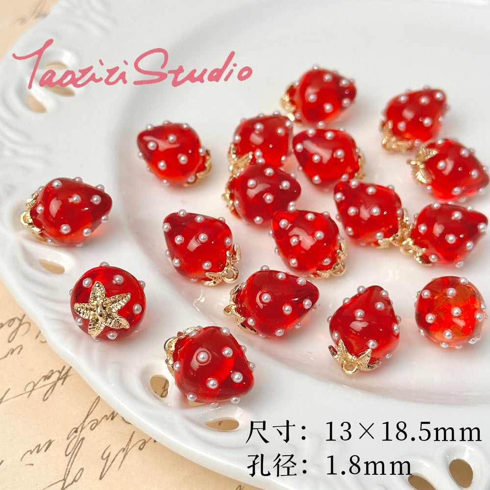 5pcs / Resin strawberry pendant loose beads DIY handmade