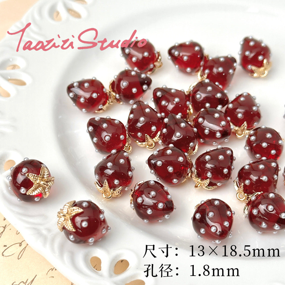 5pcs / Resin strawberry pendant loose beads DIY handmade