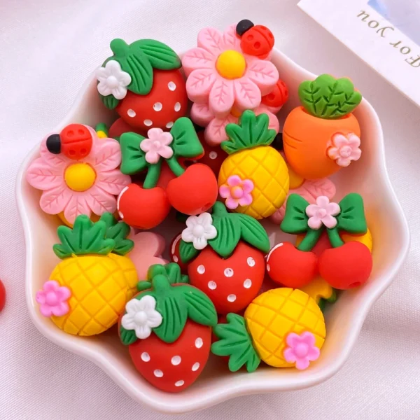 10Pcs New Cute Resin Cartoon Strawberry, Cherry, Radish, Pineapple Series Flat Back Manicure Parts Embellishments For Hair Bows