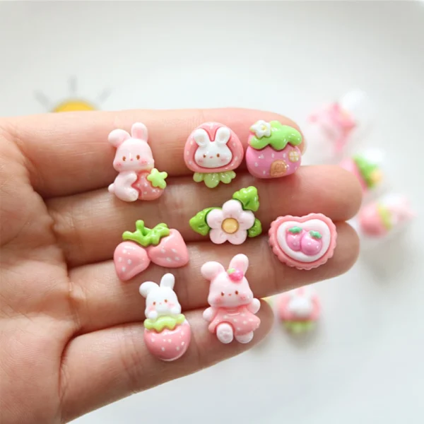20PCS Mini Strawberry Rabbit Series Flat Back Resin DIY Figurines Nail Art Enhancement Craft Scrapbooking Decoration Accessories