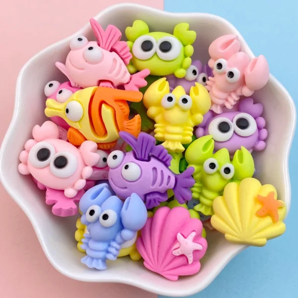 20Pcs New Cute Resin Crab, Lobster, Fish Ocean Series Flat Back Parts Embellishments For Hair Bows Accessories