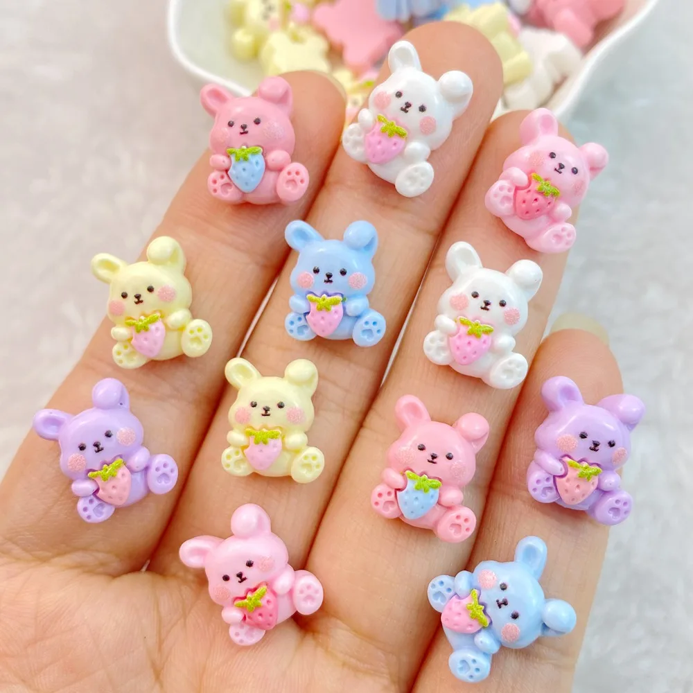 20Pcs New Cute Resin Little Strawberry Rabbit Flat Back Ornament Jewelry Making Manicure Hairwear Accessorie