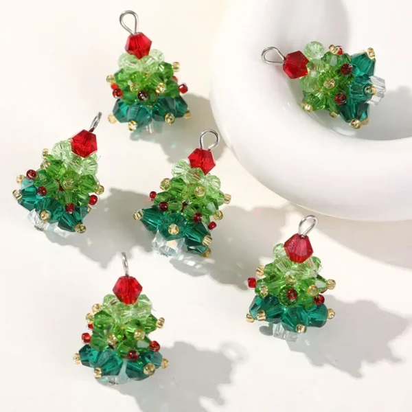 5Pcs Crystal Charms 3D Beaded Christmas Tree for DIY Crafts Christmas Keychain Bracelet Necklace Earring Jewelry Making Supplies