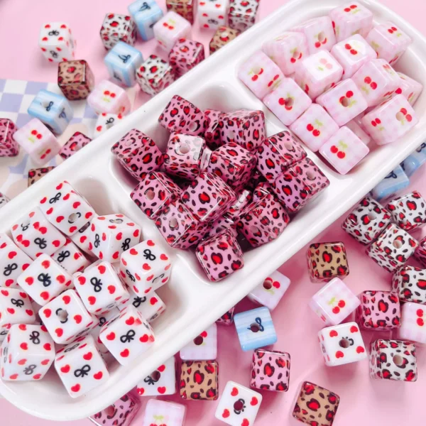 Large hole 14mm leopard print fruit cherry print acrylic beads with holes DIY pendant pen decoration loose beads accessories