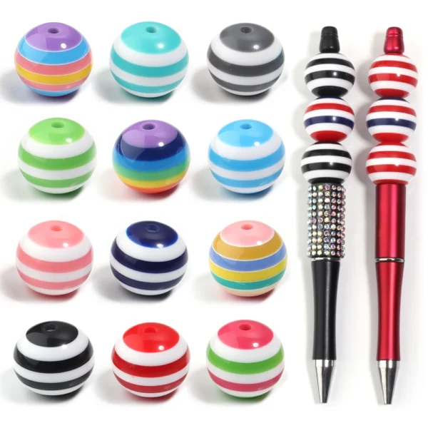 10-100pcs Resin Stripe Round Beads 6/8/10/12/14/16/20mm Loose Spacer Beads For Jewelry Making Phone Chain DIY With Beadable Pen