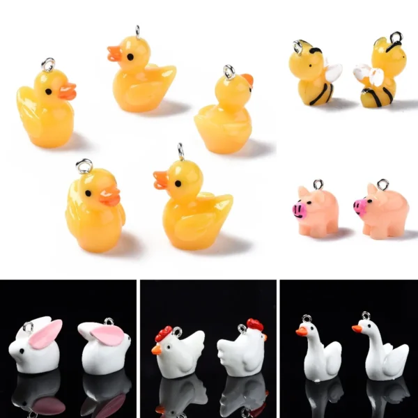 10Pcs Small Resin Rubbit/Duck/Cow/Chicken/Pig/Bee Cute Animal Charms Pendants For Necklace Earring Keychain DIY Jewelry Making