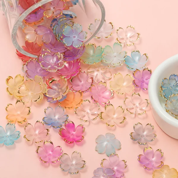 ZW22 50pcs Cherry Blossoms Acrylic Bead Golden Brushed Patter Petals Charm Connector DIY Earrings Hair Jewelry Making Acessories