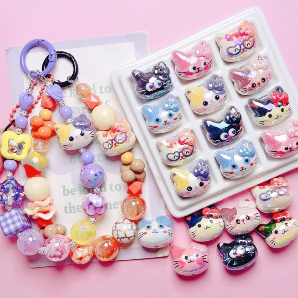 DW57 1pcs UV Color Cartoon Cat Acrylic Straight Hole Loose Beads DIY Mobile Phone Chain Keychain Material Jewelry Accessories