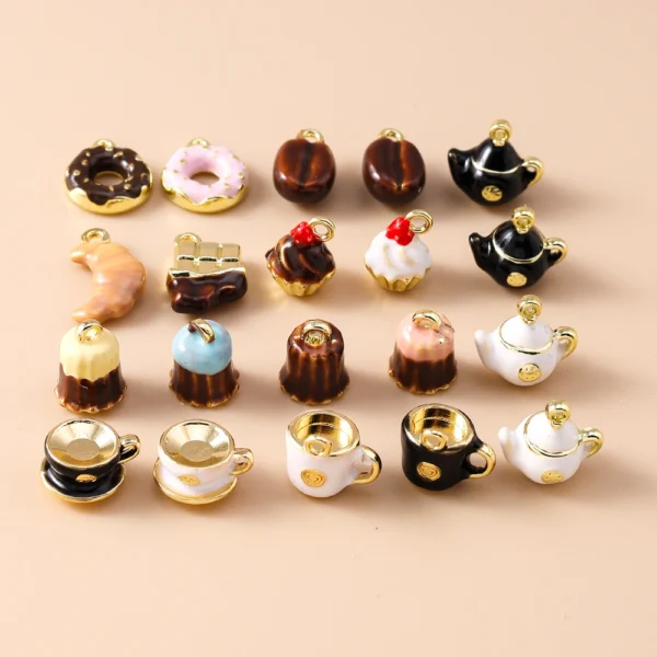 Leslie 5pcs Cute Creative Teapot Coffee Cup Donut Cake Coffee Charms Beads fit DIY Brand Bracelet Necklace Jewelry Making Gifts