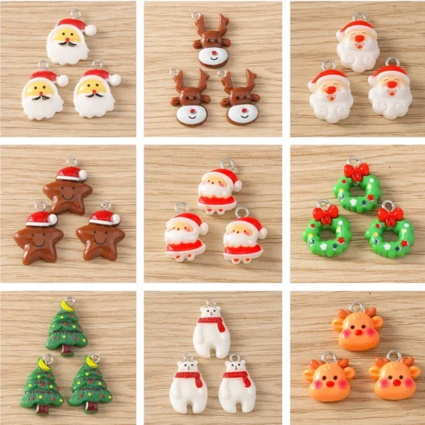 10pcs Cartoon Christmas Charms Resin Deer Santa Claus Tree Charms Pendants for Jewelry Making DIY Necklaces Earrings Crafts Gift