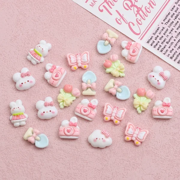 10Pcs New Cute Resin Mini Clouds Pink Series Rabbits Butterflies Flat Back Ornament Jewelry Making Manicure Fashion Accessories