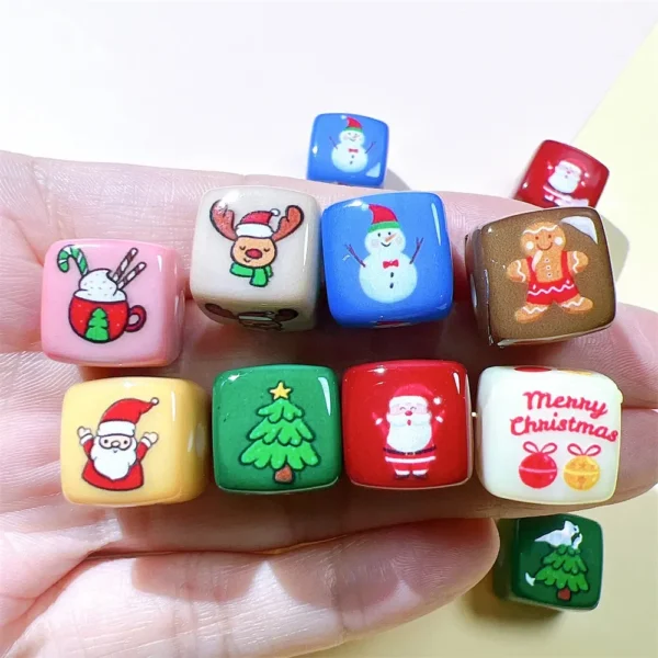 Q65 14mm Christmas Square Cartoon Middle Bead Hand Strings Ropes Bracelet Loose Beads Accessories Girl DIY Jewelry Material