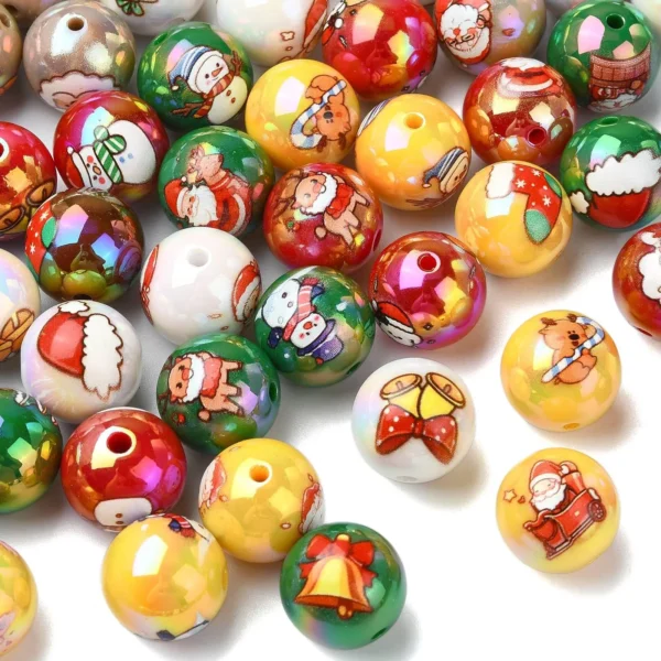 10pcs 16MM Christmas Theme Acrylic Beads Xmas Chunky Round Bubblegum Beads for DIY Jewelry Bracelet Necklace Earring Crafts Bag