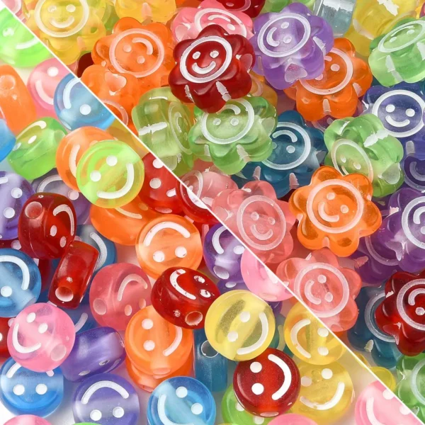 About 100 Pcs Smiling Face Transparent Acrylic Beads Flower Round Beads for Bracelet DIY Jewelry Making
