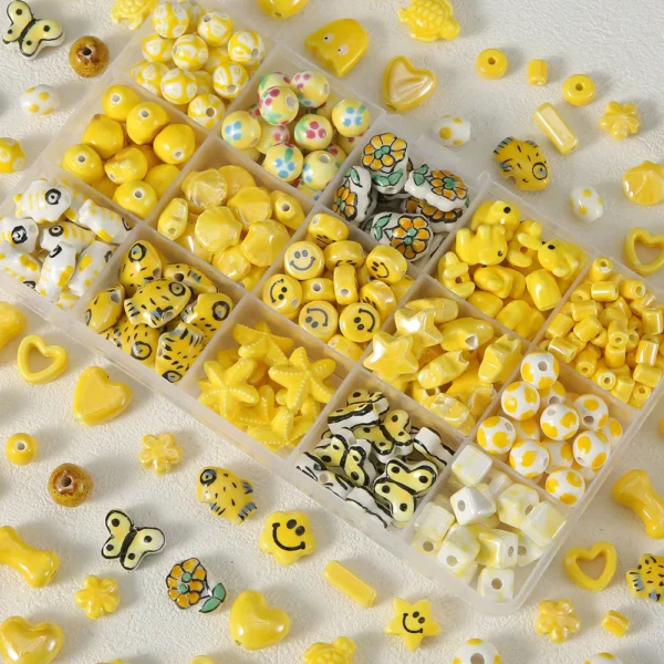 Exclusive Hand-painted Yellow Ceramic Straight Hole Bead Jewelry For Summer