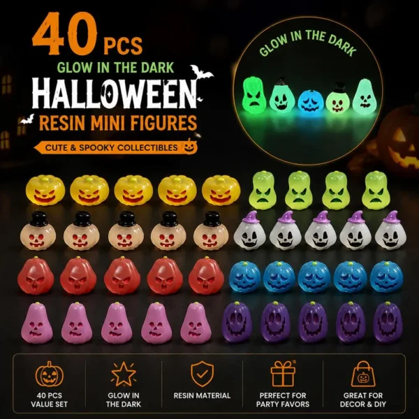 40pcs Miniature Halloween Figurine Set Luminous Figurine Miniature Halloween Cartoon Pumpkin Ghost Micro Landscape Ornaments
