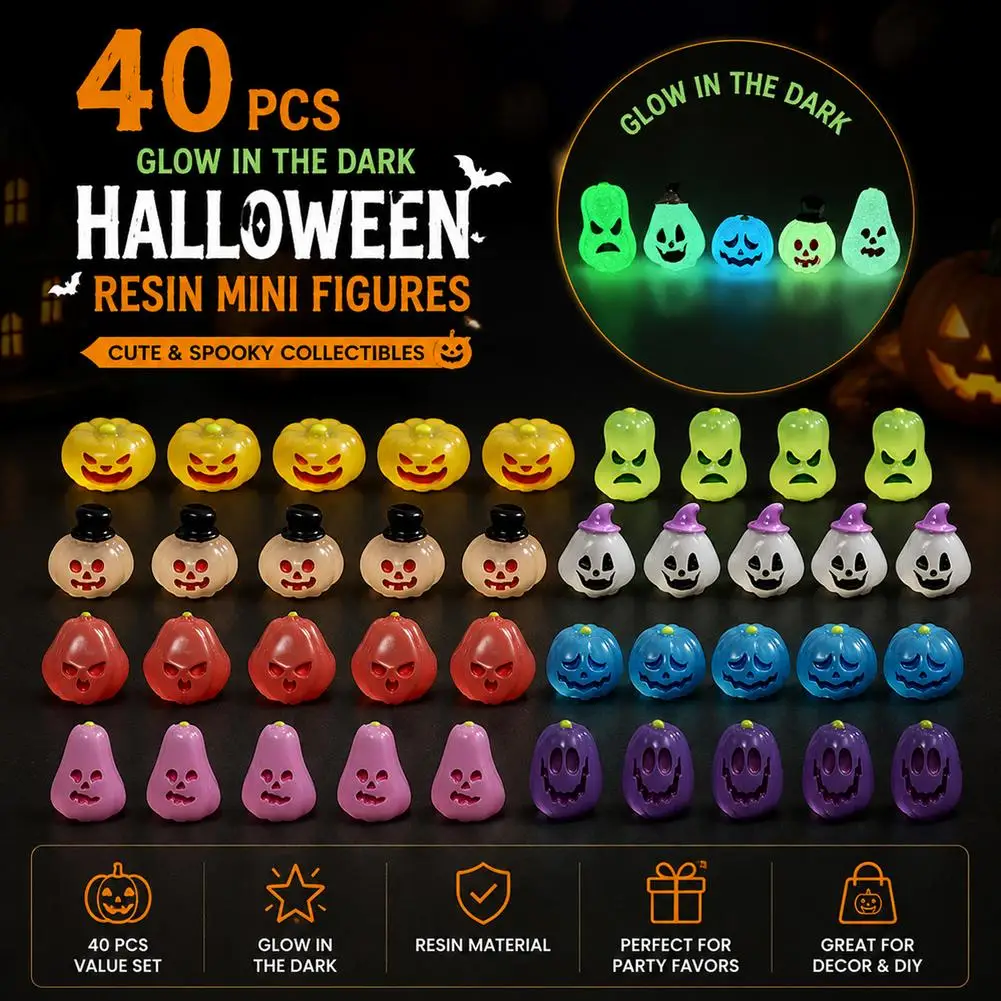 40pcs Miniature Halloween Figurine Set Luminous Figurine Miniature Halloween Cartoon Pumpkin Ghost Micro Landscape Ornaments