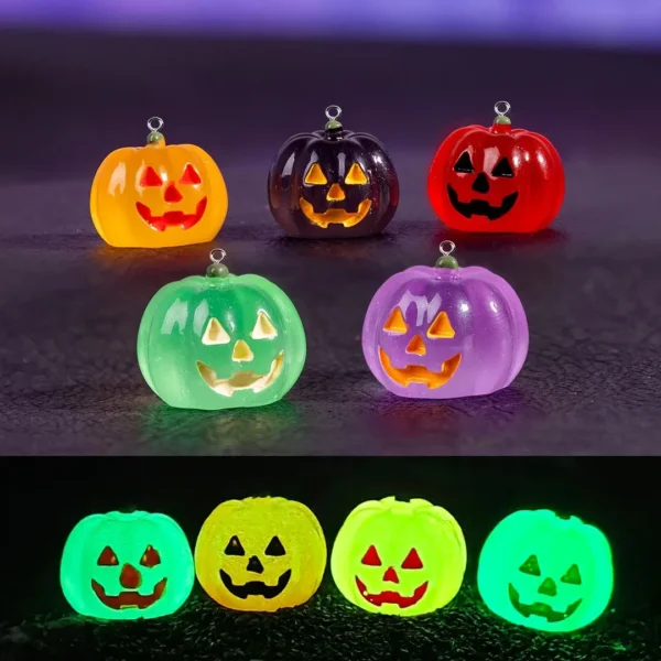 5pcs Kawaii Luminous Pumpkin Resin Charms Halloween Holiday Pendants DIY Supplies for Earring Necklace Keychain Jewelry Decor